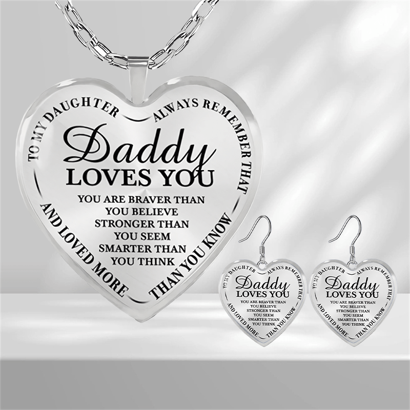 Daddy Loves You Heart Glass Pendant Earrings Graduation Party Gift