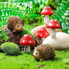 6 Pcs Hedgehogs & Mushroom Garden Figurines