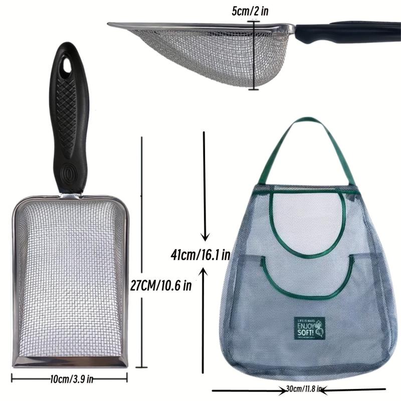 Beach Mesh Shovel & Bag for Shell Collecting Sand Scooper Shark Tooth Sifter