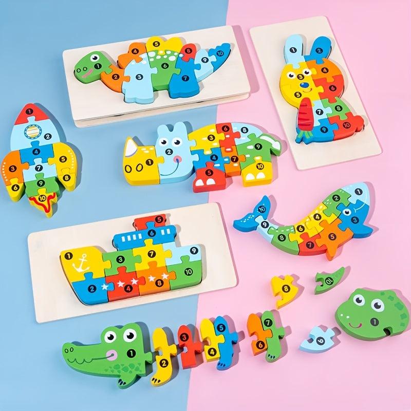 Montessori Wooden Cartoon Animal Car Puzzle For Kids - Dinosaur Education Puzzle