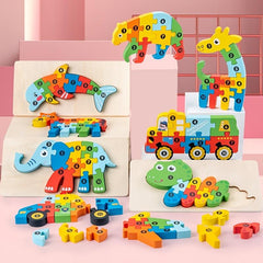 Montessori Wooden Cartoon Animal Car Puzzle For Kids - Dinosaur Education Puzzle