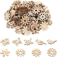 50pcs Wooden Cutouts Bird Butterfly Flower Slices Embellishments DIY Craft Mixed