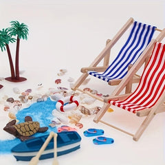 Mini Beach Set Micro Landscape Summer Shell Sun Umbrella Wooden Beach Chair
