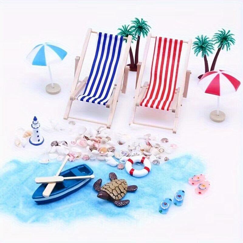 Mini Beach Set Micro Landscape Summer Shell Sun Umbrella Wooden Beach Chair