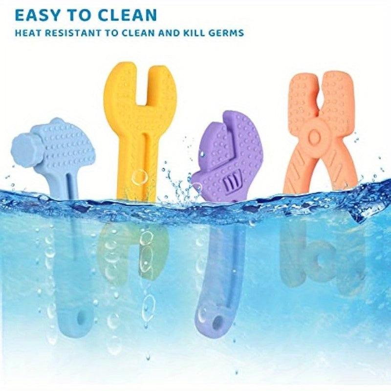 4 Pcs Silicone Teething Toys for Babies, Hammer Spanner Wrench Pliers Tools Set
