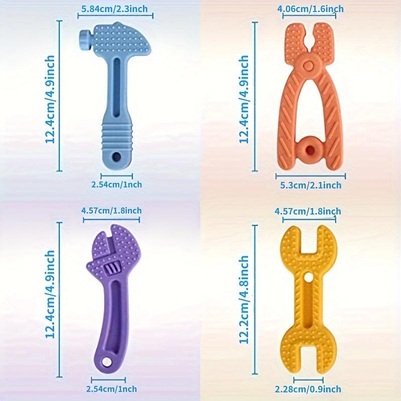 4 Pcs Silicone Teething Toys for Babies, Hammer Spanner Wrench Pliers Tools Set