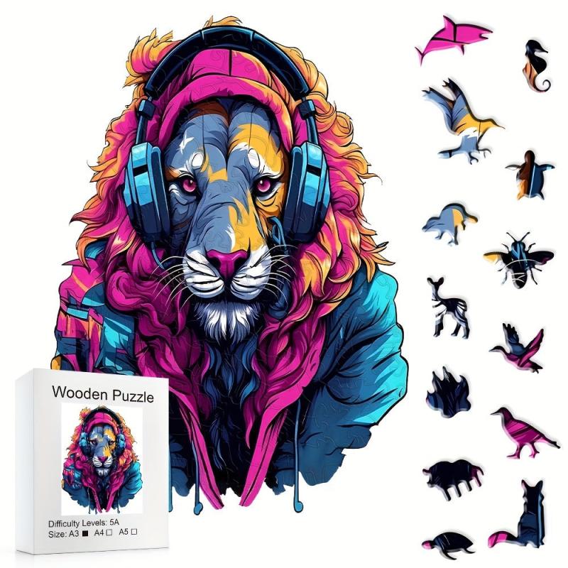 Colorful Lion Head Wooden Puzzle - Creative Alien Party Game