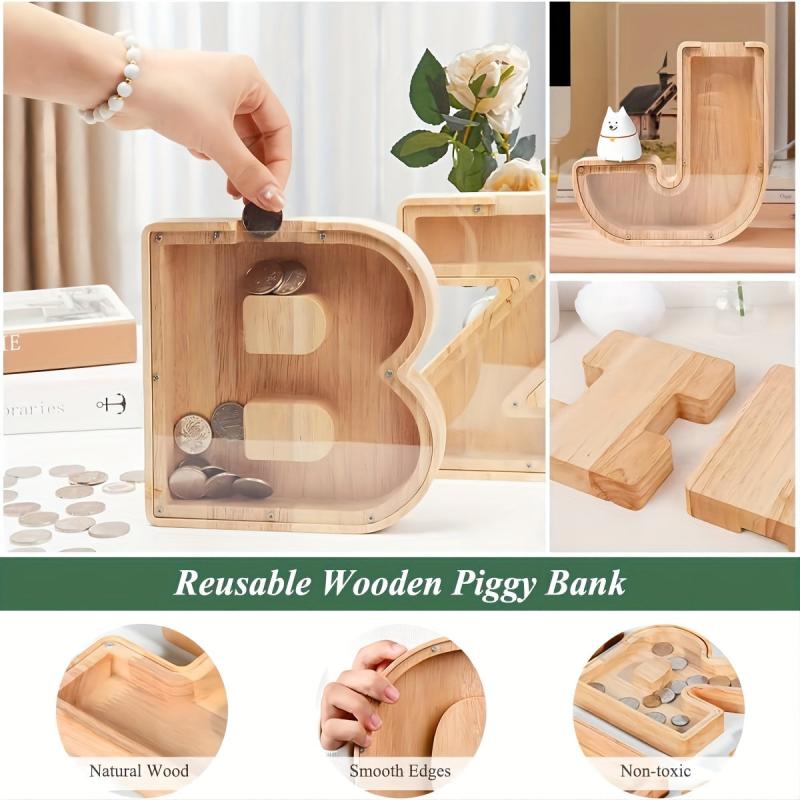 Wooden Alphabet Coin Bank Savings Jar for Kids