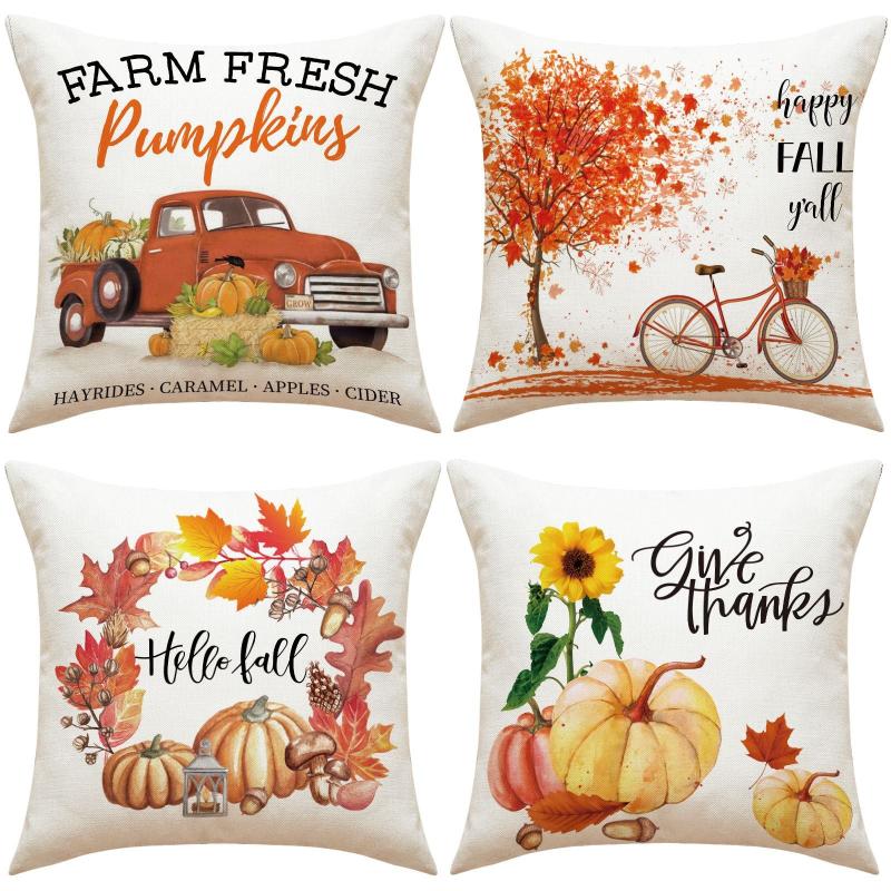 Thanksgiving Pillow Cover Sofa Cushion Linen Maple Leaf Pumpkin Pillowcase