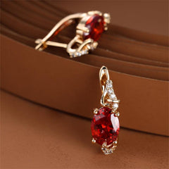Golden Oval Cut Red Pink Stone Drop Earrings Anniversary Claw Jewelry