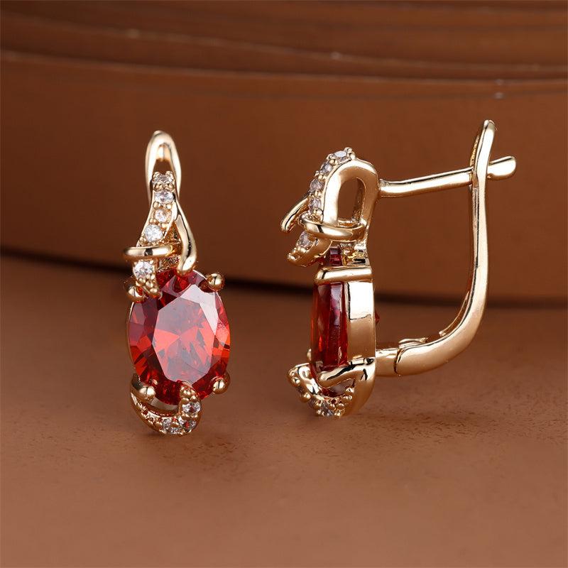 Golden Oval Cut Red Pink Stone Drop Earrings Anniversary Claw Jewelry