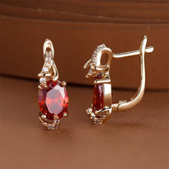 Golden Oval Cut Red Pink Stone Drop Earrings Anniversary Claw Jewelry