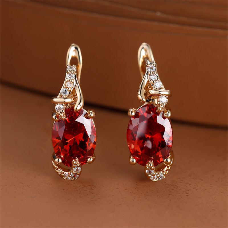 Golden Oval Cut Red Pink Stone Drop Earrings Anniversary Claw Jewelry
