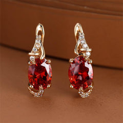 Golden Oval Cut Red Pink Stone Drop Earrings Anniversary Claw Jewelry