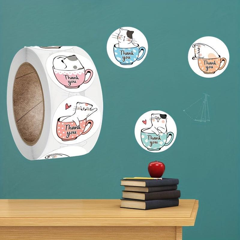 500pcs Cartoon Coffee Cup Thank You Stickers Roll