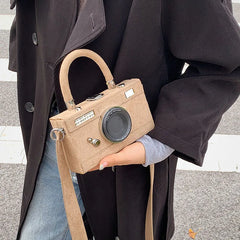 Camera Shape Box Purse Faux Suede Top Handle Crossbody Clutch Bag