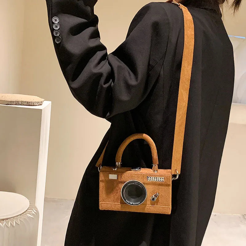 Camera Shape Box Purse Faux Suede Top Handle Crossbody Clutch Bag