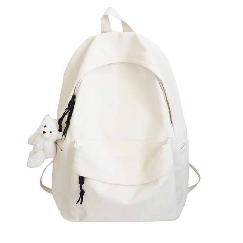 Canvas Backpack Daypack School Bag with Bear Pendant for Students Girl Gift