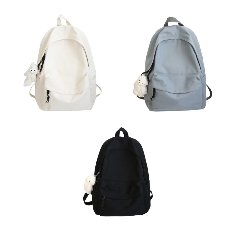 Canvas Backpack Daypack School Bag with Bear Pendant for Students Girl Gift