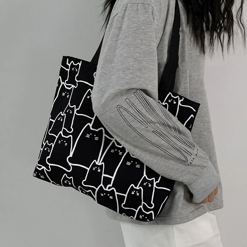 Cat Tote Bag with Zipper Japanese Style Cartoon Shoulder Bags