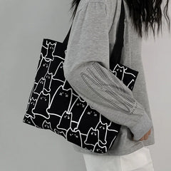 Cat Tote Bag with Zipper Japanese Style Cartoon Shoulder Bags