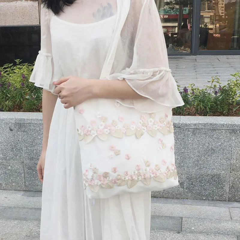 Lace Embroidery Canvas Shopper Handbag