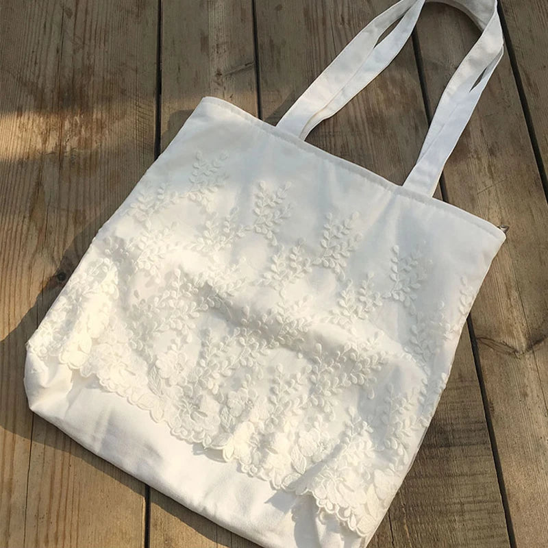 Lace Embroidery Canvas Shopper Handbag