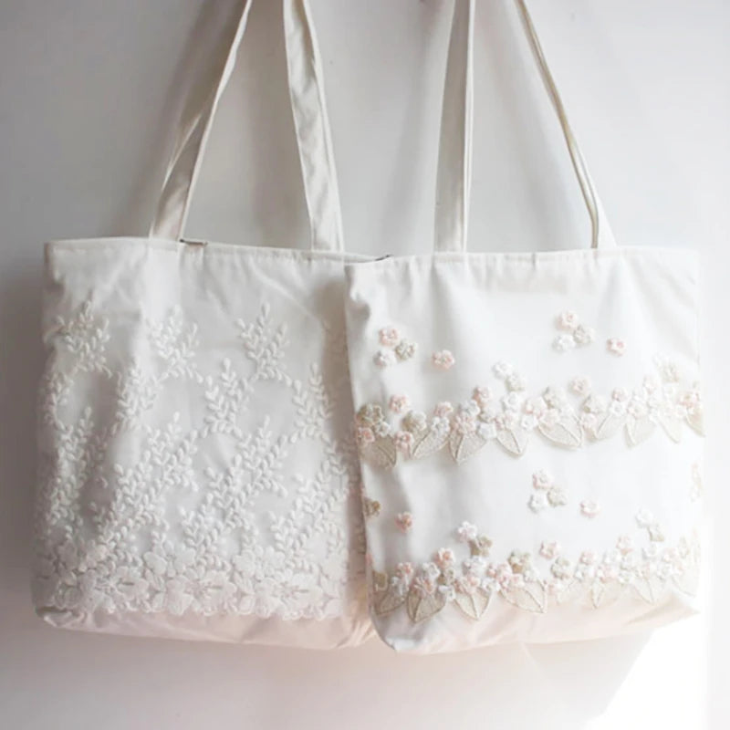 Lace Embroidery Canvas Shopper Handbag