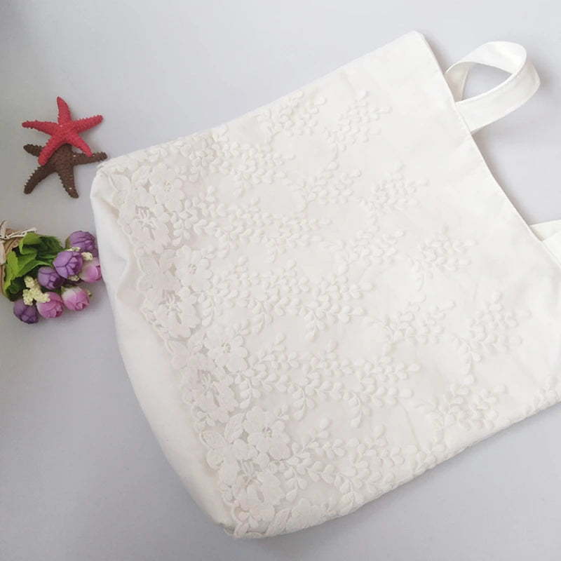 Lace Embroidery Canvas Shopper Handbag