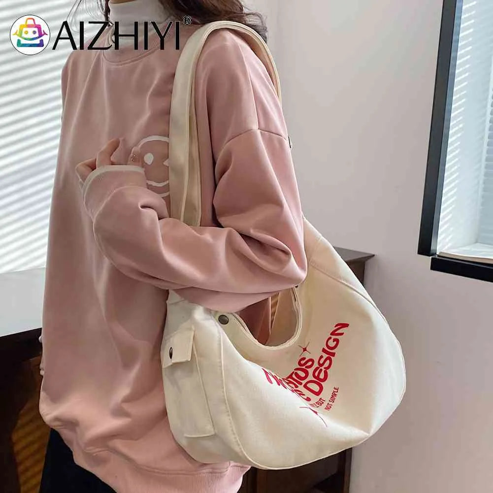 Canvas Commute Bag Large Capacity Women Underarm Bags Soft Letter Printed Casual