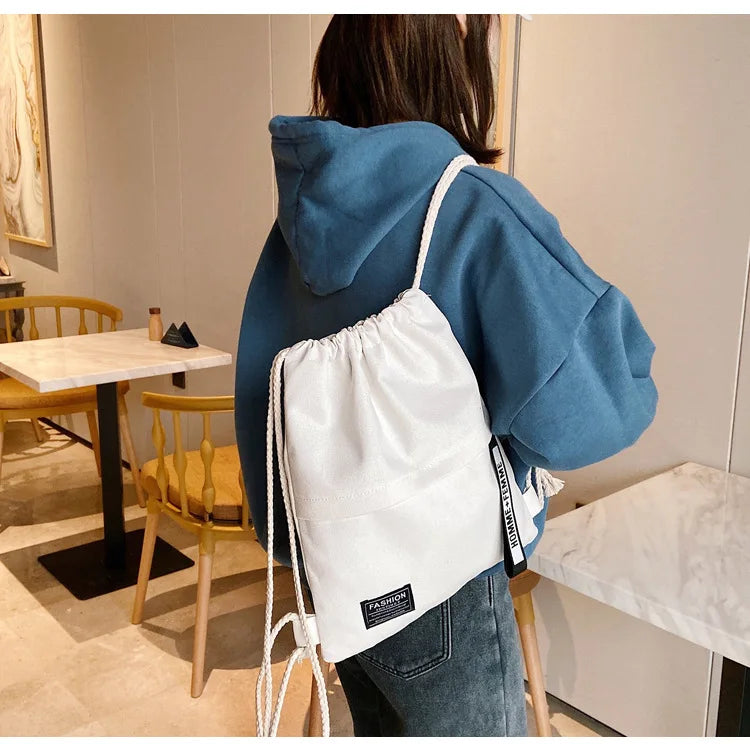 Canvas Drawstring Backpack Shoulder Bags for Women Solid Organizer