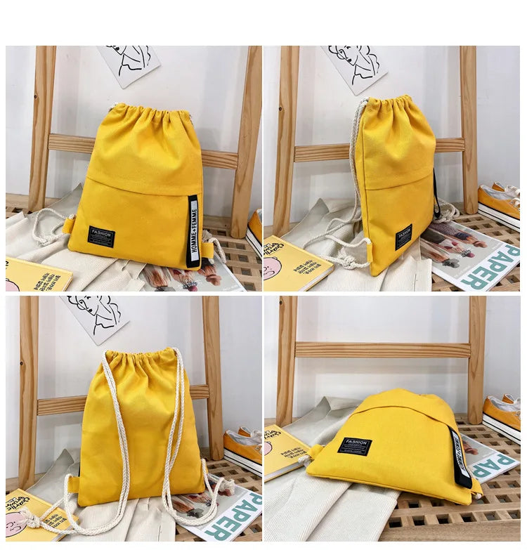 Canvas Drawstring Backpack Shoulder Bags for Women Solid Organizer