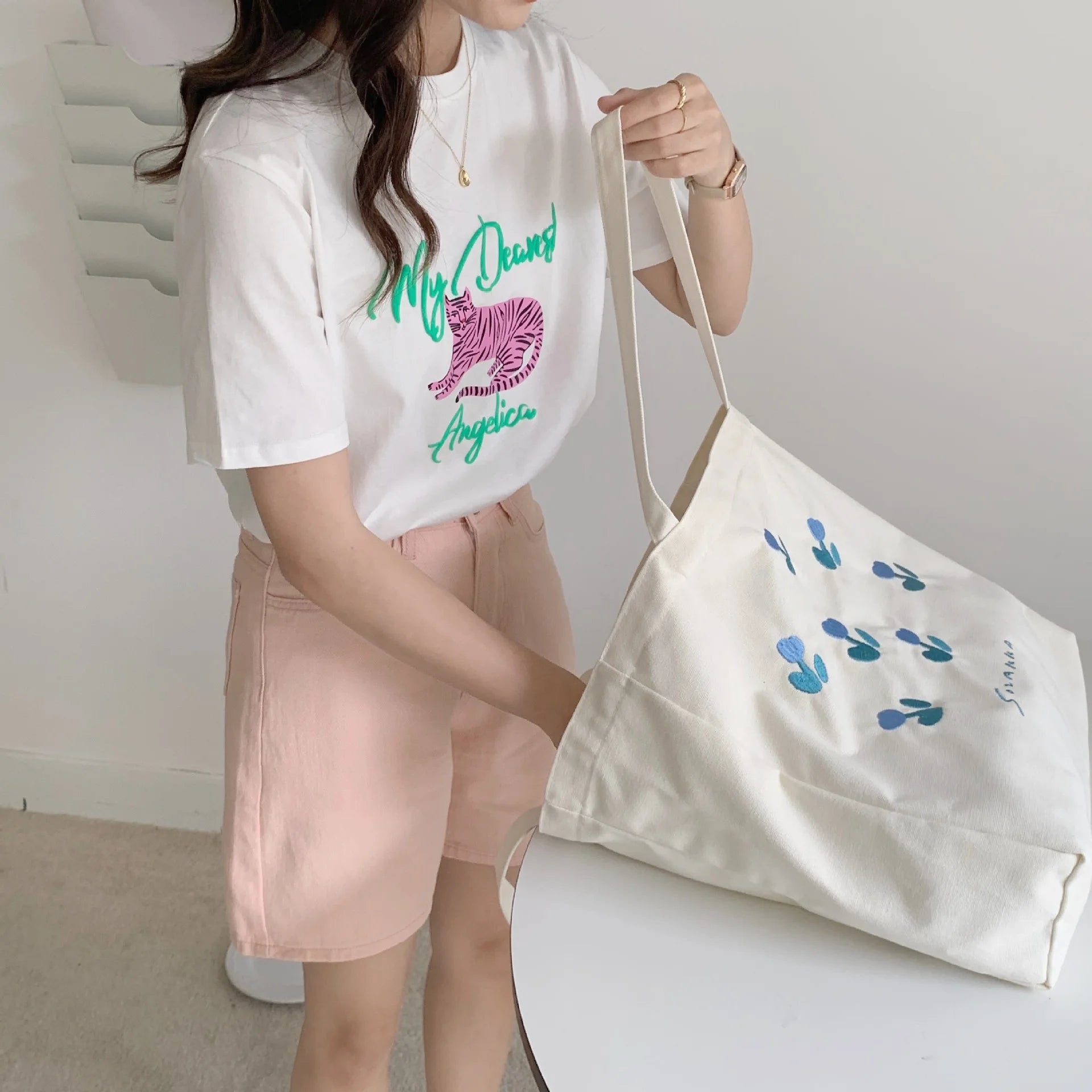 Tulip Printing Canvas Shoulder Bag Women Handbag Tote