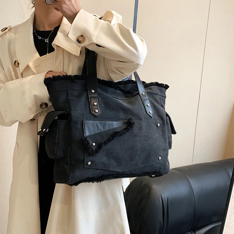 Women's Canvas Shoulder Bag 100% Cotton Tote Handbag Solid Casual Satchel