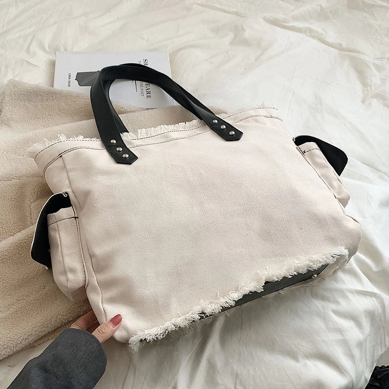 Women's Canvas Shoulder Bag 100% Cotton Tote Handbag Solid Casual Satchel