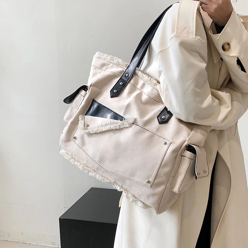 Women's Canvas Shoulder Bag 100% Cotton Tote Handbag Solid Casual Satchel
