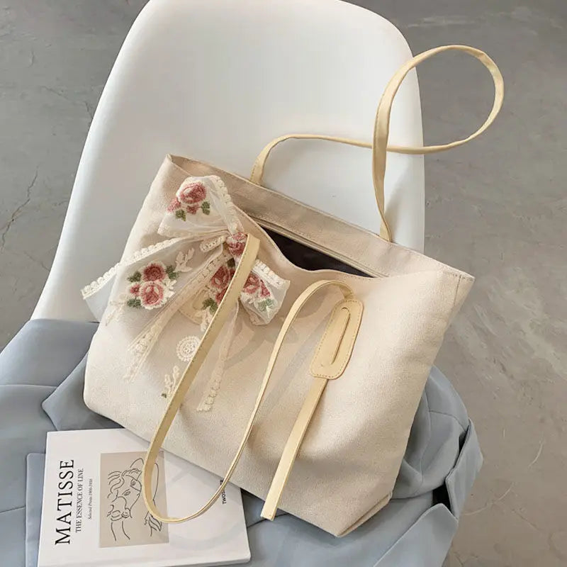 Canvas Shoulder Bags Lace Bow Tote Handbags Lovely Ins Large Capacity