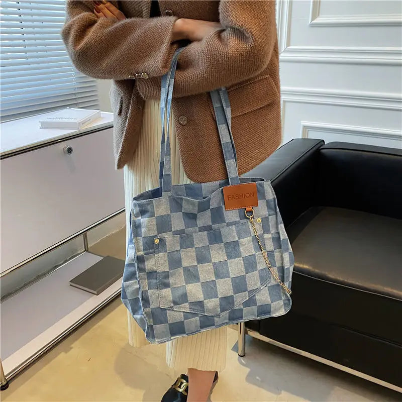 Canvas Shoulder Bags Women Large Capacity Checkerboard Students Preppy School