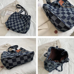 Canvas Shoulder Bags Women Large Capacity Checkerboard Students Preppy School
