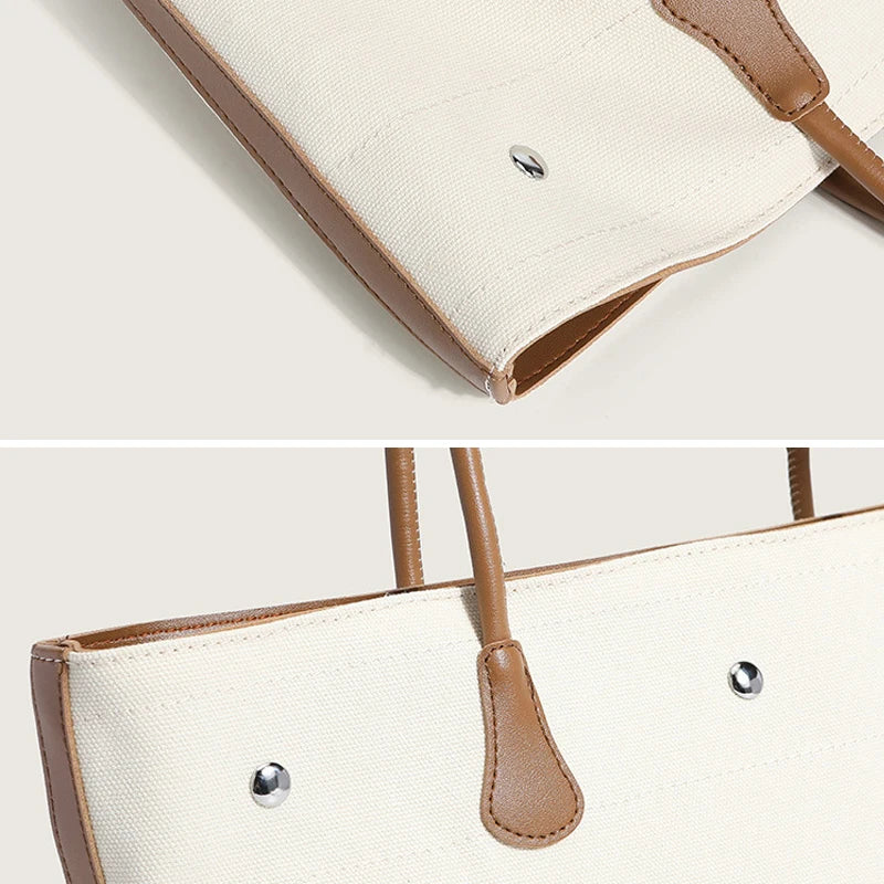 Canvas Solid Shoulder Bag Large Capacity Leather Handbag All-Match Tote