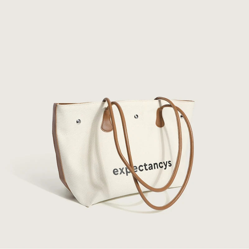 Canvas Solid Shoulder Bag Large Capacity Leather Handbag All-Match Tote