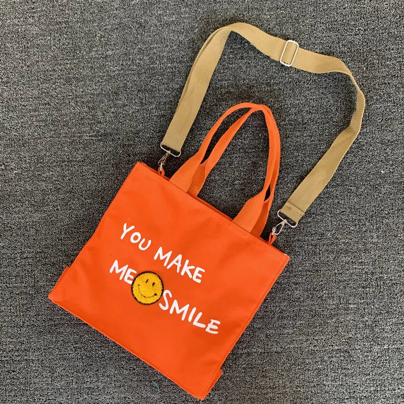 Smiley Letters Printing Canvas Tote Bag Crossbody Bags
