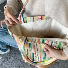 Rainbow Stripes Canvas Tote Bag Large Capacity Shopping Handbag