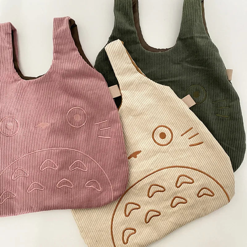 Corduroy Tote Bag for Women Cartoon Print Cotton Handbag