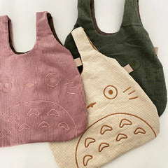 Corduroy Tote Bag for Women Cartoon Print Cotton Handbag