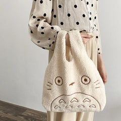 Corduroy Tote Bag for Women Cartoon Print Cotton Handbag