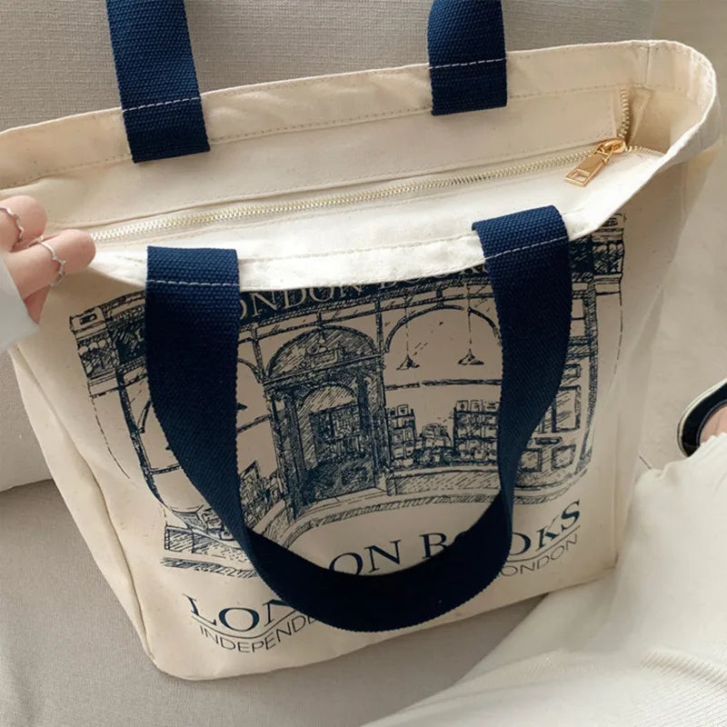 Canvas Women Handbags Shoulder Bag London Books Print Handbag