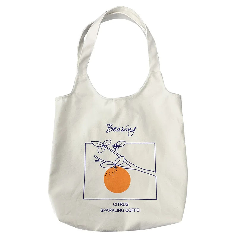 Orange Fruit Printed Canvas Tote Bag for College Students