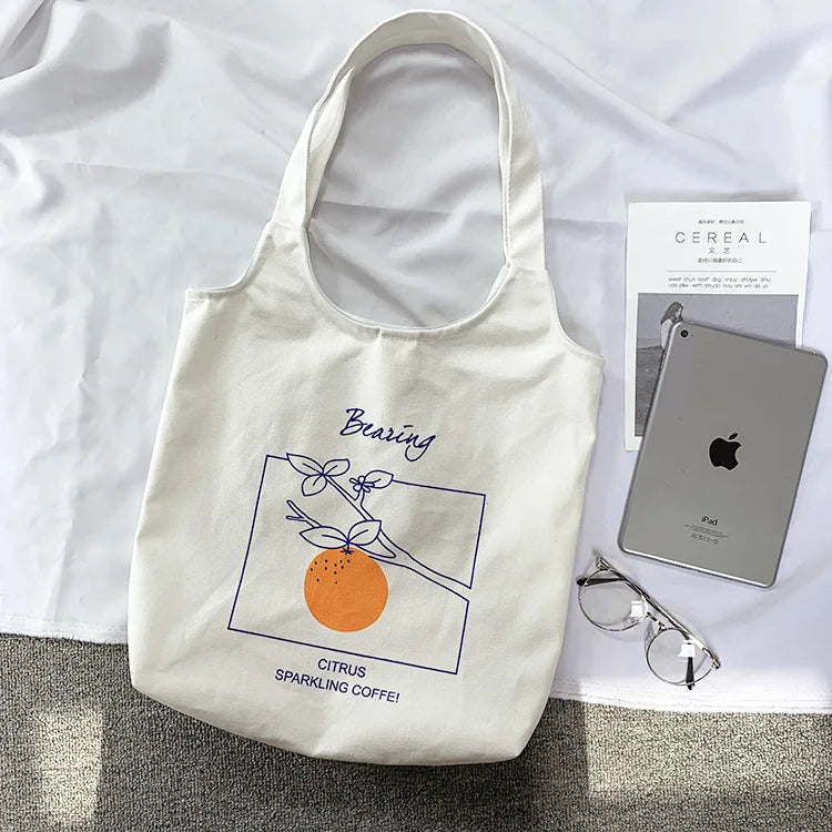 Orange Fruit Printed Canvas Tote Bag for College Students