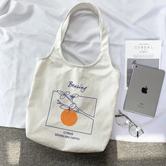 Orange Fruit Printed Canvas Tote Bag for College Students